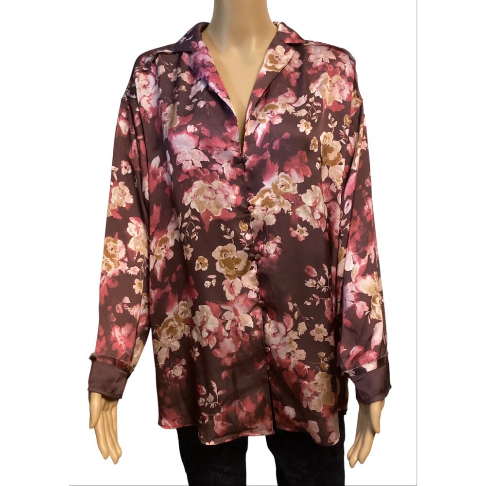 Intimately Free People Satin Floral Button Down‎ Blouse Top Brown Mauve Cozy XS